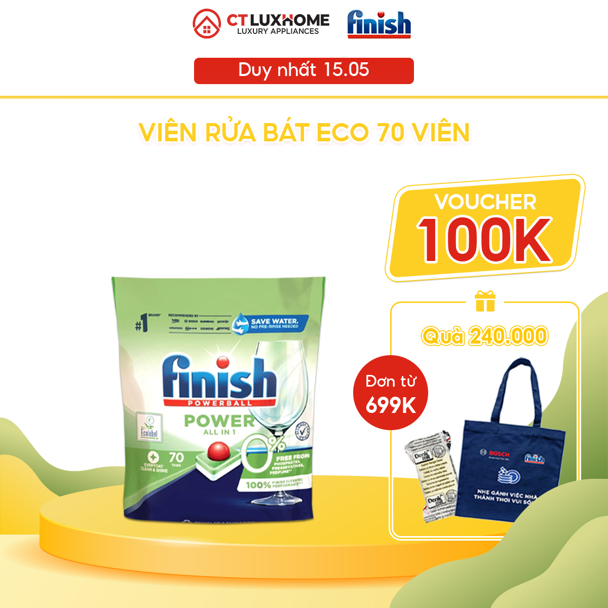 Viên rửa chén bát Finish Eco Powerball All in one 0% - Túi 70 viên