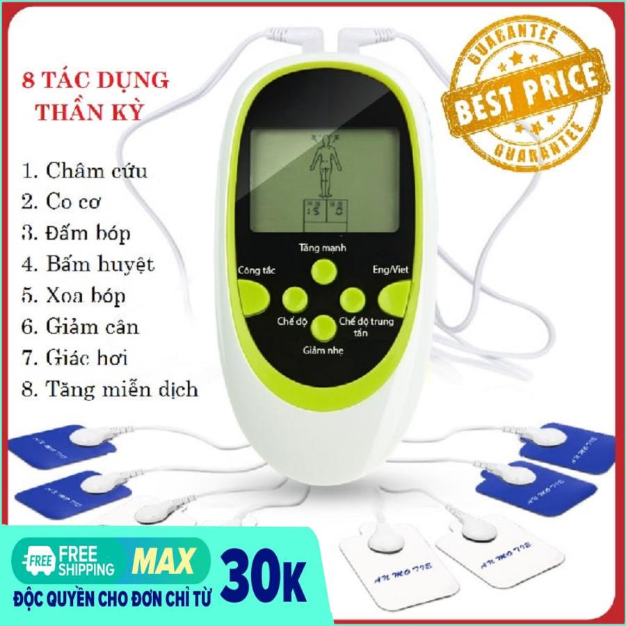Máy mát xa cầm tay - May masa cam tay - Máy massage đa chức năng, trị liệu 8 miếng dán đầu ra kép , xóa tan mệt mỏi, GIÁ RẺ BẤT NGỜ