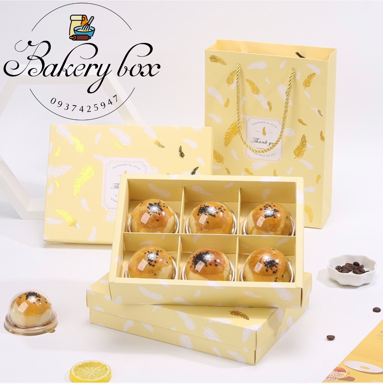 10 set | hộp túi giấy 6 bánh trung thu lá ánh vàng 80gr - 125gr