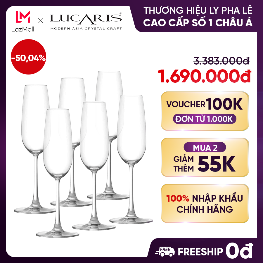 Bộ 6 ly uống rượu vang sâm panh pha lê cao cấp lucaris champagne 245ml nhập khẩu chính hãng sang trọng - lavish s16cp09
