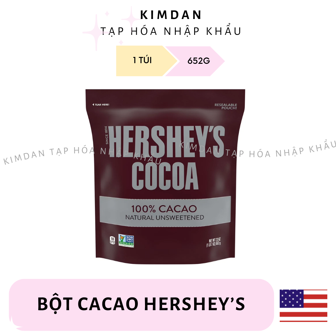 [Hàng Mỹ- mẫu mới] TÚI bột CACAO NGUYÊN CHẤT HERSHEY'S 100% Cocoa 652G - KHÔNG ĐƯỜNG, TỐT CHO SỨC KHỎE