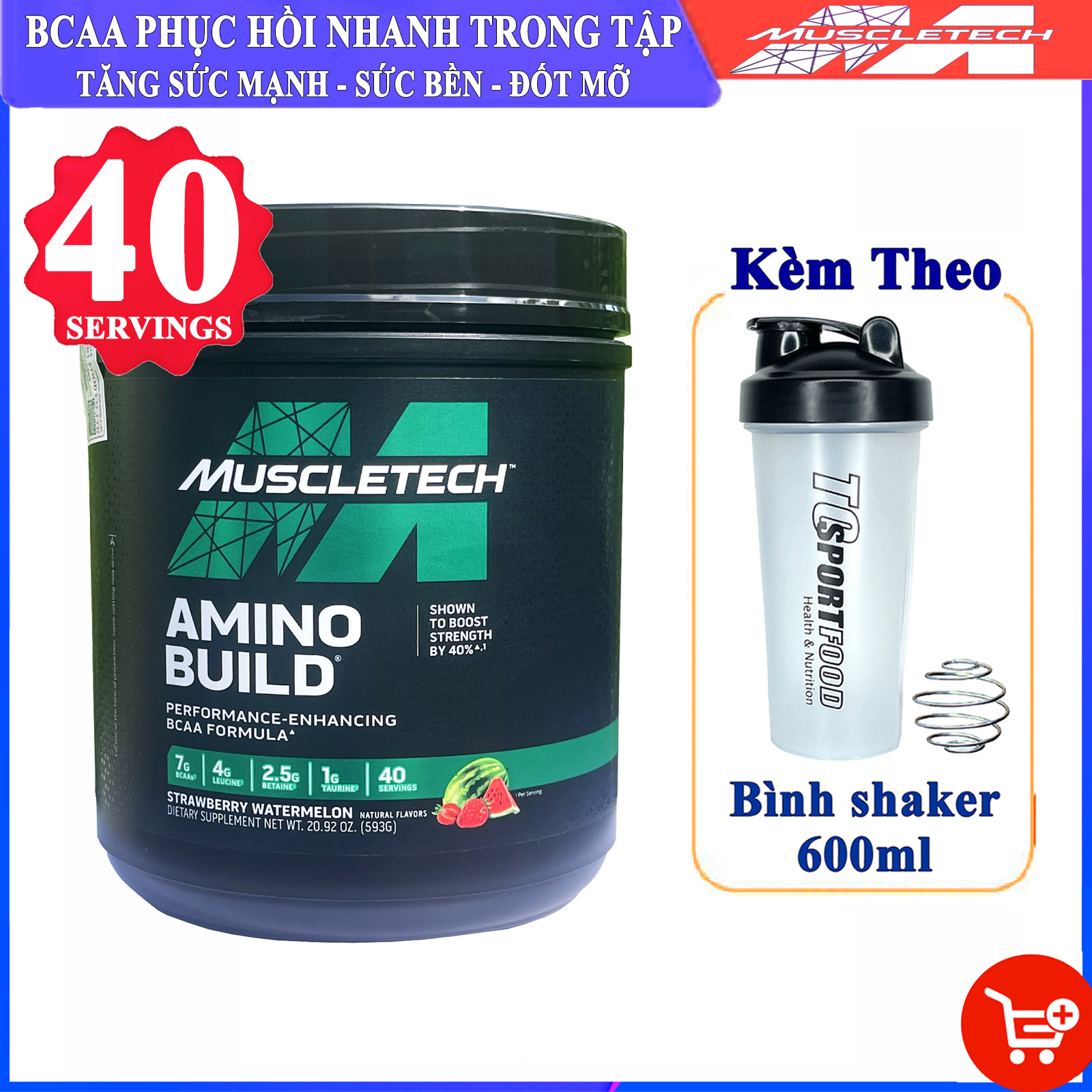 BCAA & Pre-Workout Amino Build của Muscle Tech hộp 40 lần dùng hỗ trợ phục hồi cơ, chống dị hóa cơ, tăng sức bền sức mạnh vượt trội, đốt mỡ, giảm cân, giảm mỡ bụng mạnh mẽ cho người tập thể thao