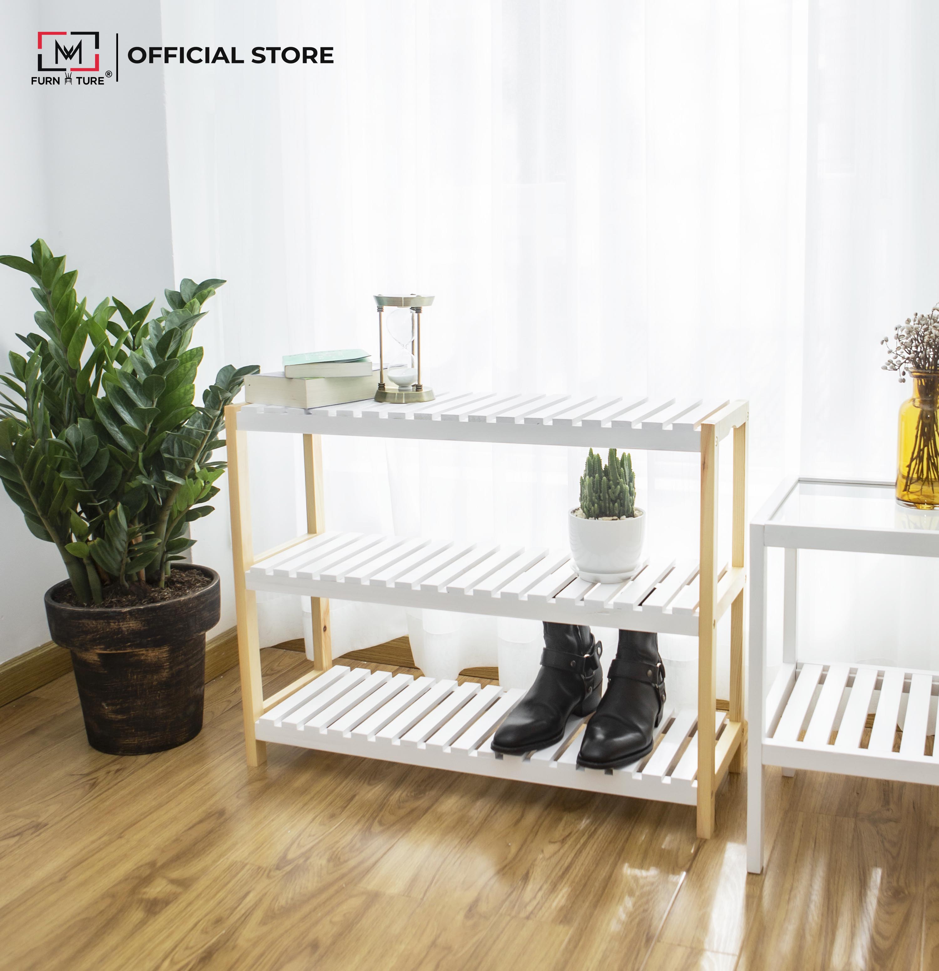 Kệ để giày dép bằng gỗ xuất khẩu hàn quốc 3 tầng màu trắng phối gỗ - bench 3f white natural