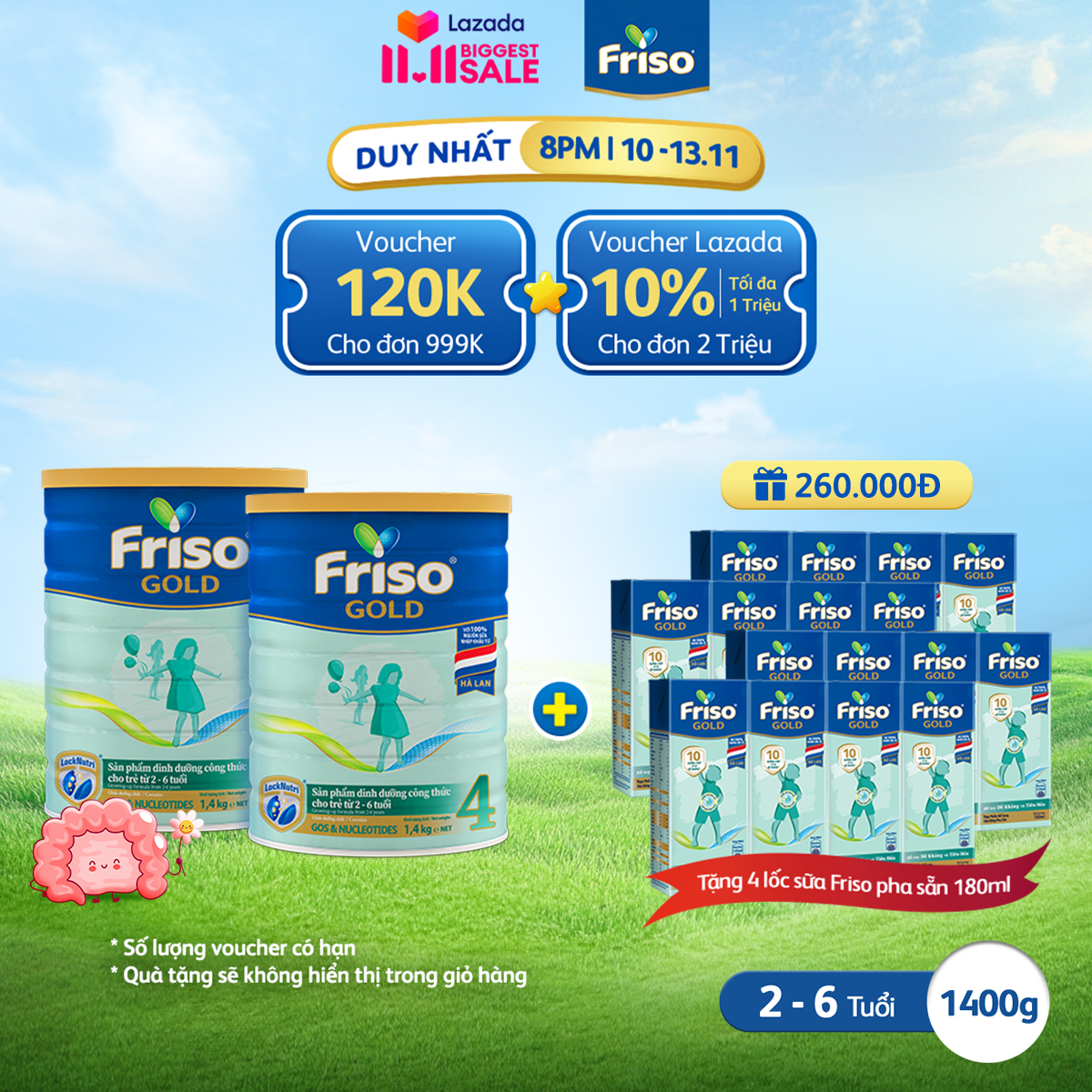 [Tặng 4 lốc RTD 180ml] Bộ 2 lon sữa Bột Friso Gold 4 lon thiếc 1.4KG-cho trẻ từ 2-6 tuổi