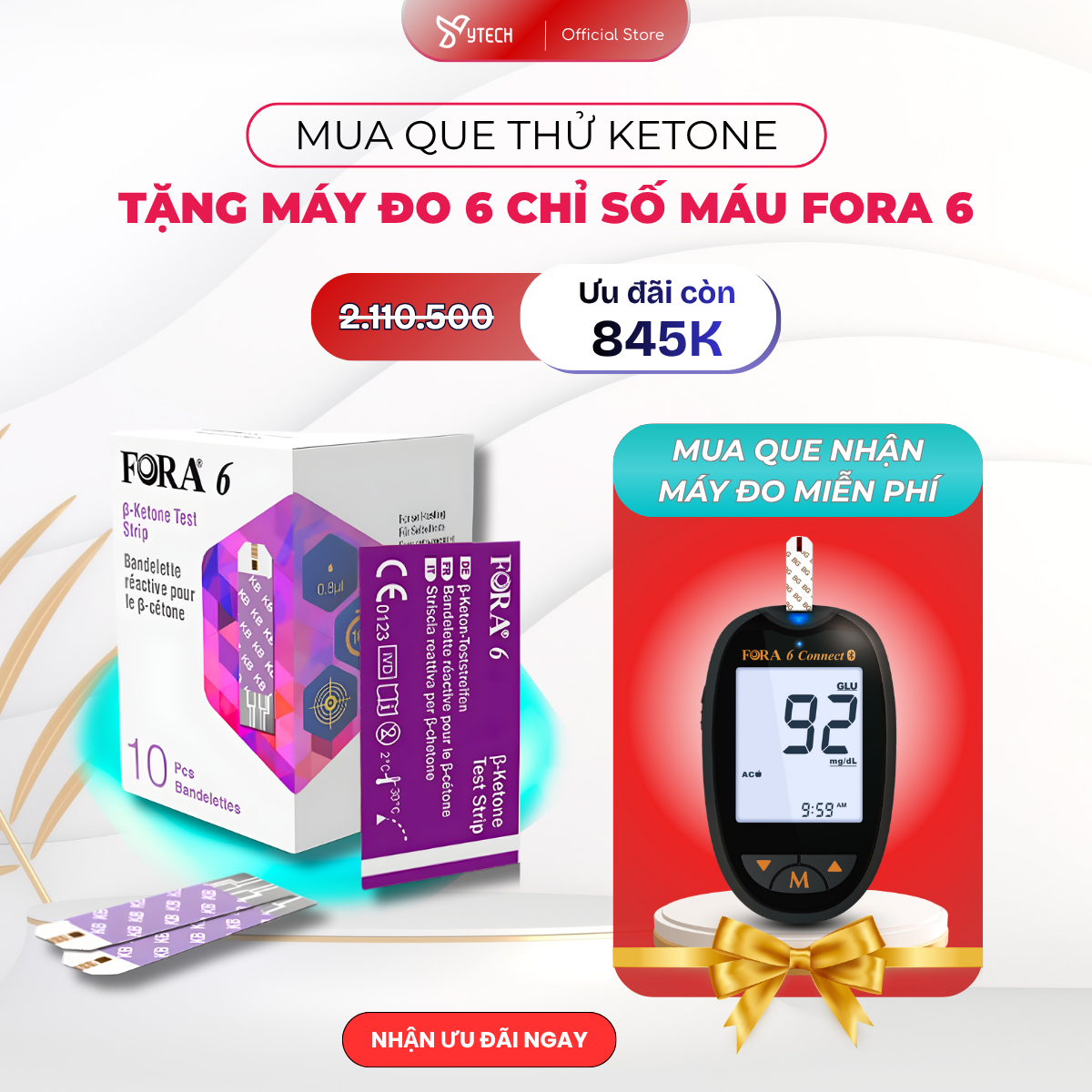 [YTECH] Mua 10 Que Tặng Máy | Mua Que Thử Ketone Tặng Máy Đo 6 Chỉ Số Fora 6 + Kim