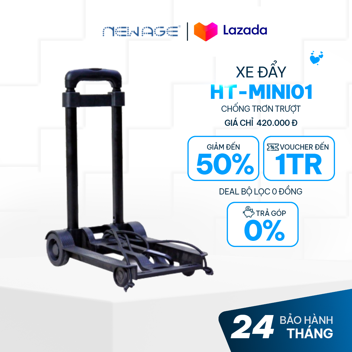 Xe đẩy đi chợ gấp gọn đa năng HT-MINI01, xe đi chợ tặng kèm dây buộc tải trọng 45kg, công nghệ Đài Loan - Hàng chính hãng bảo hành 12 tháng