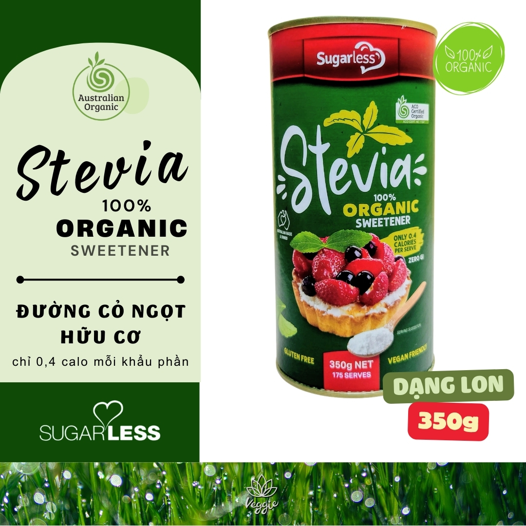 Đường cỏ ngọt hữu cơ Úc Sugarless Stevia Organic, đường cho người tiểu đường hay ăn kiêng lon 350g