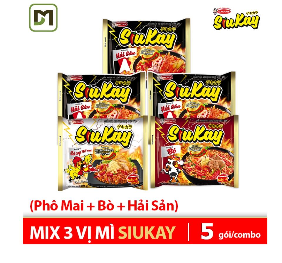 Combo 5 gói mì Siukay MIX 3 vị Hải Sản + Phô Mai (mới) + Bò trọng lượng 128gr gói - Combo trải nghiệm tiện lợi