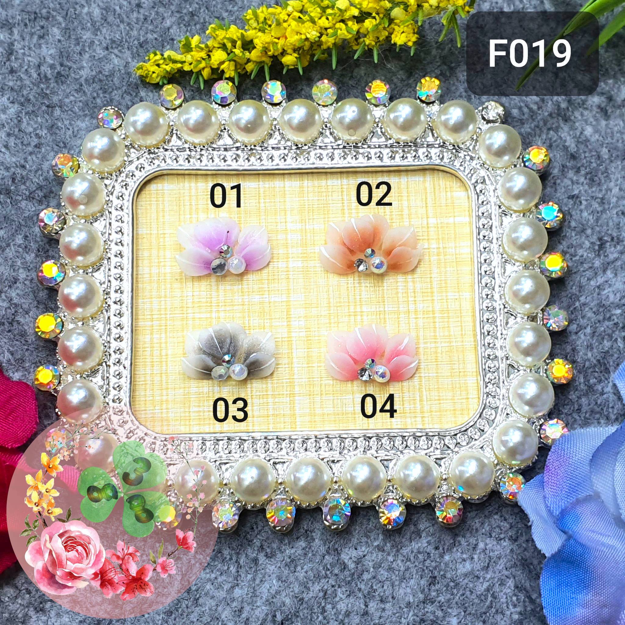 Mẫu: f019 . hoa bột "cúc ruby nhọn" đính móng siêu xinh.