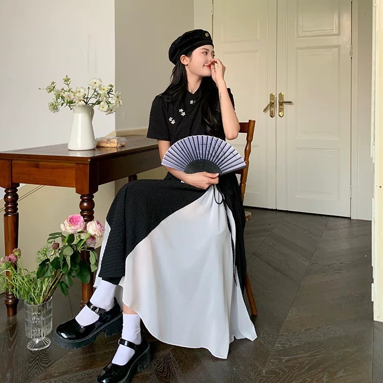 Lolita closet - váy đầm sườn xám cách tân đen phối trắng phong cách hàn quốc
