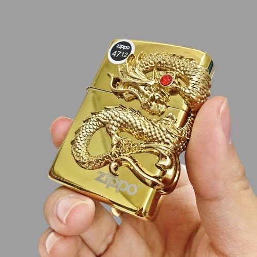 [HCM]Bật Lửa Zippo Mỹ Rồng Cẩn Ngọc Màu Vàng ( Ruột USA - Tặng Kèm Hộp Xịn + Combo Đá Bấc )
