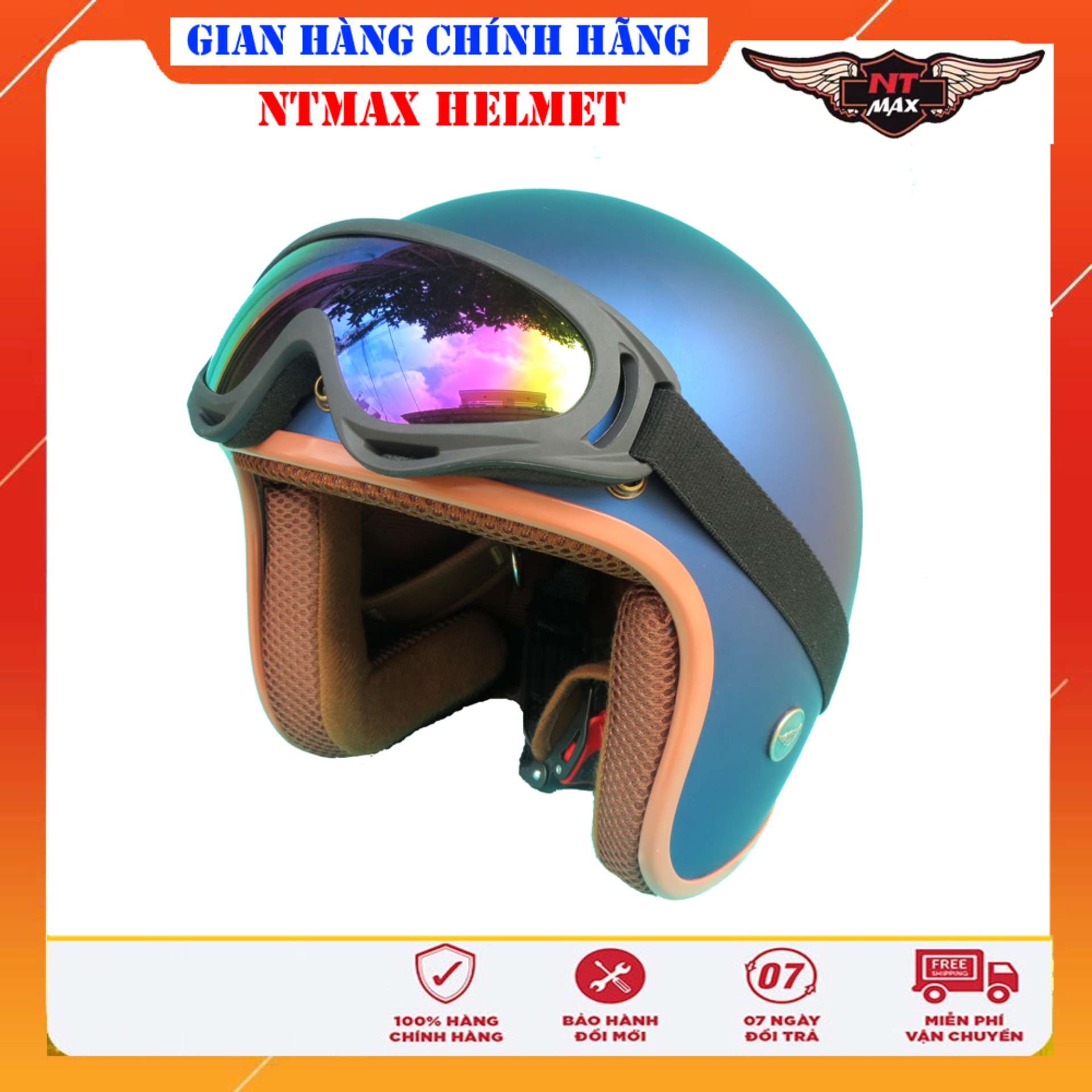 Mũ bảo hiểm ntmax 3/4 xanh dương nhám kính uv400