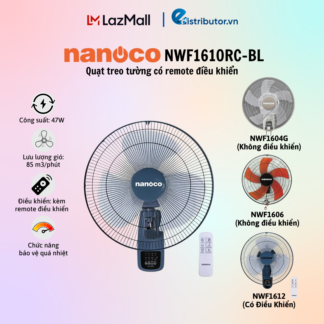 Quạt treo tường có điều khiển nanoco nwf1610rc-bl/nwf1612rc-bl - nwf1606/nwf1604g - hàng chính hãng - bảo hành 12 tháng