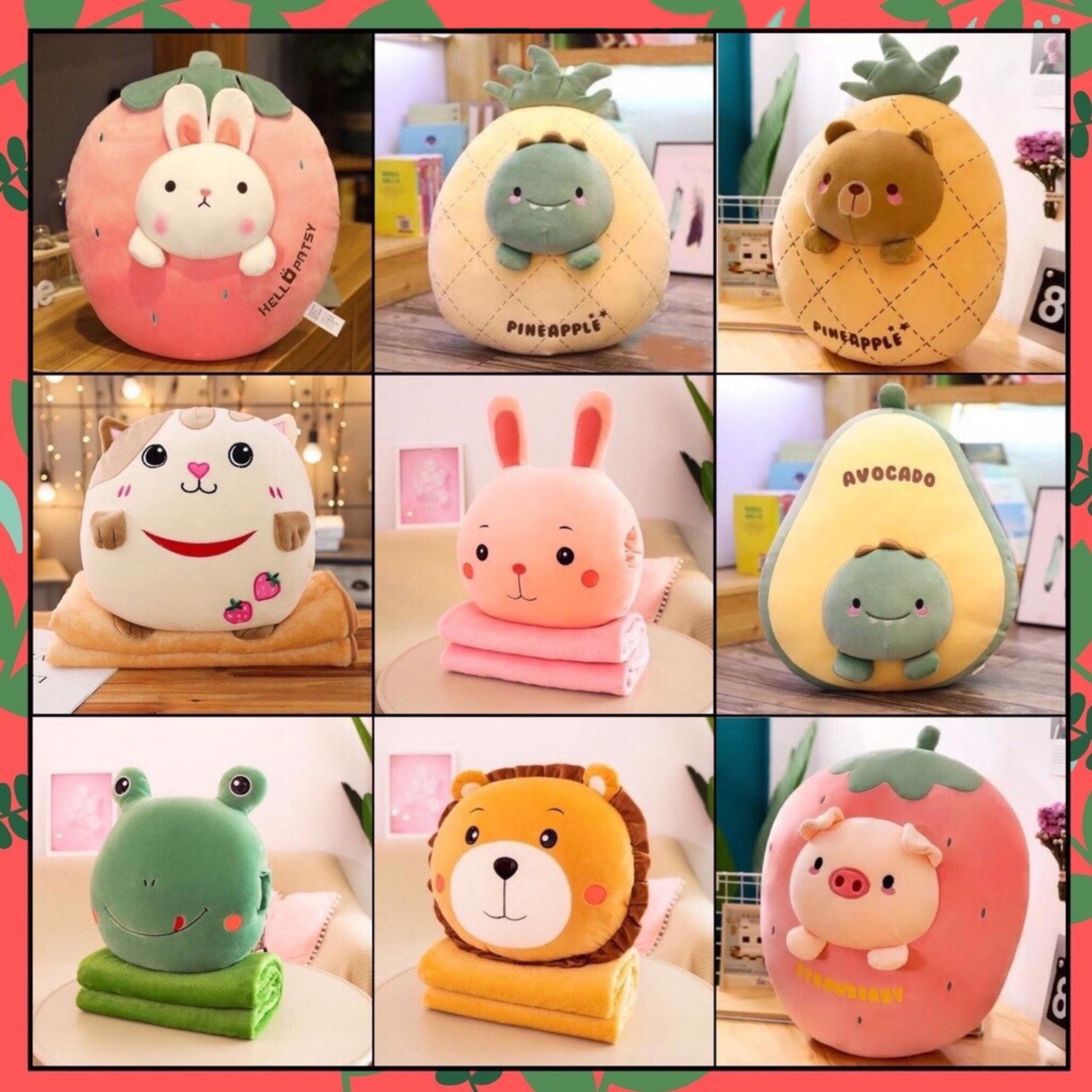 Gấu bông có chăn, chăn gối văn phòng, quà tặng, trái cây kết hợp đầu thú siêu xinh