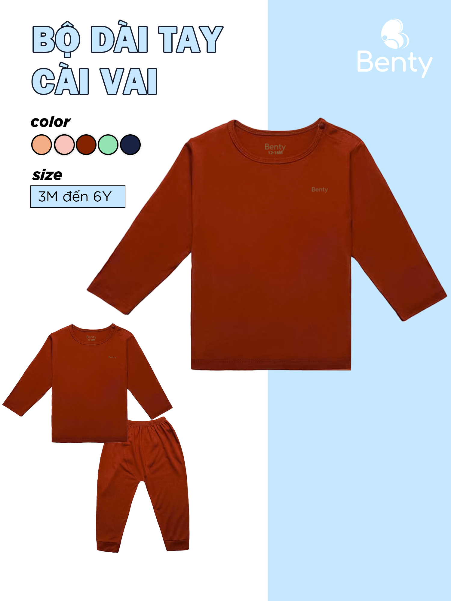  Bộ dài tay cài vai BENTY basic chất vải mềm mịn mát đồ dài cho bé trai bé gái cao cấp 
