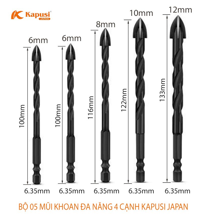 BỘ 5 MŨI KHOAN ĐA NĂNG 4 CẠNH CHUÔI LỤC GIÁC 6.35MM KAPUSUI JAPAN, CÁC KÍCH THƯỚC 6-6-8-10-12MM, CHUYÊN KHOAN GẠCH ĐÁ - BÊ TÔNG - KIM LOẠI -  KÍNH - GỖ...