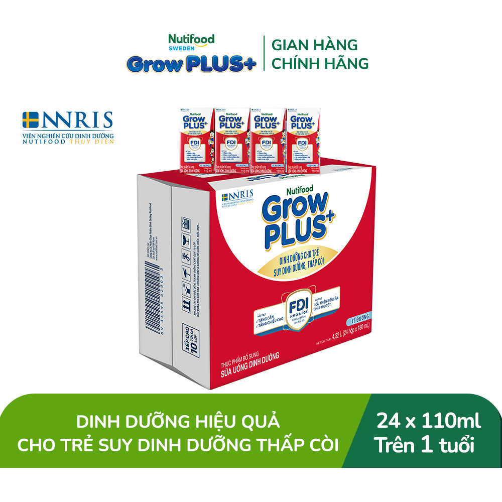 Thùng 24 hộp Sữa Nước Pha Sẵn Nutifood GrowPLUS+ Suy Dinh Dưỡng (Đỏ) - Hỗ Trợ Tăng Cân, Tăng Chiều Cao Ít đường 110ml - Trên 1 tuổi (Bao bì tùy đợt nhập hàng)