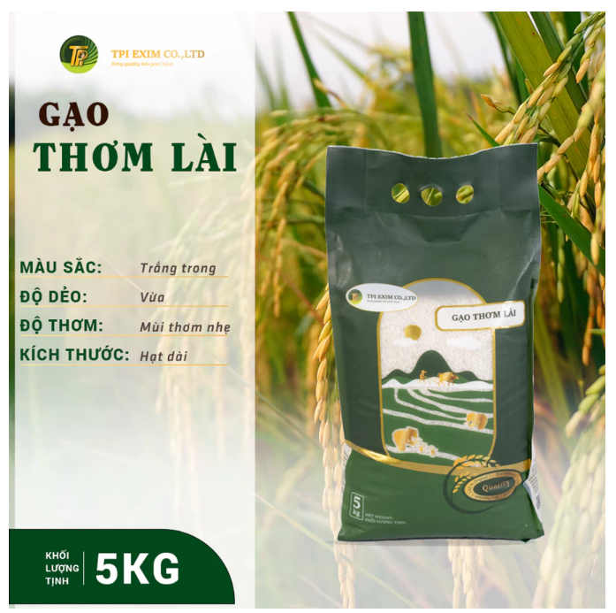 Gạo Jasmine - Gạo Lài Thơm Túi 5kg TPI GROUP, Thơm, dẻo, dinh dưỡng cao tốt cho sức khỏe