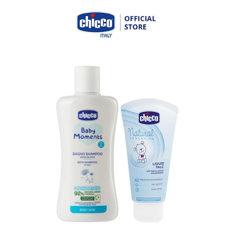 Combo sữa tắm gội chiết xuất hoa cúc 0m+ chicco 200ml + phấn rôm nước chicco 0m+ 100ml