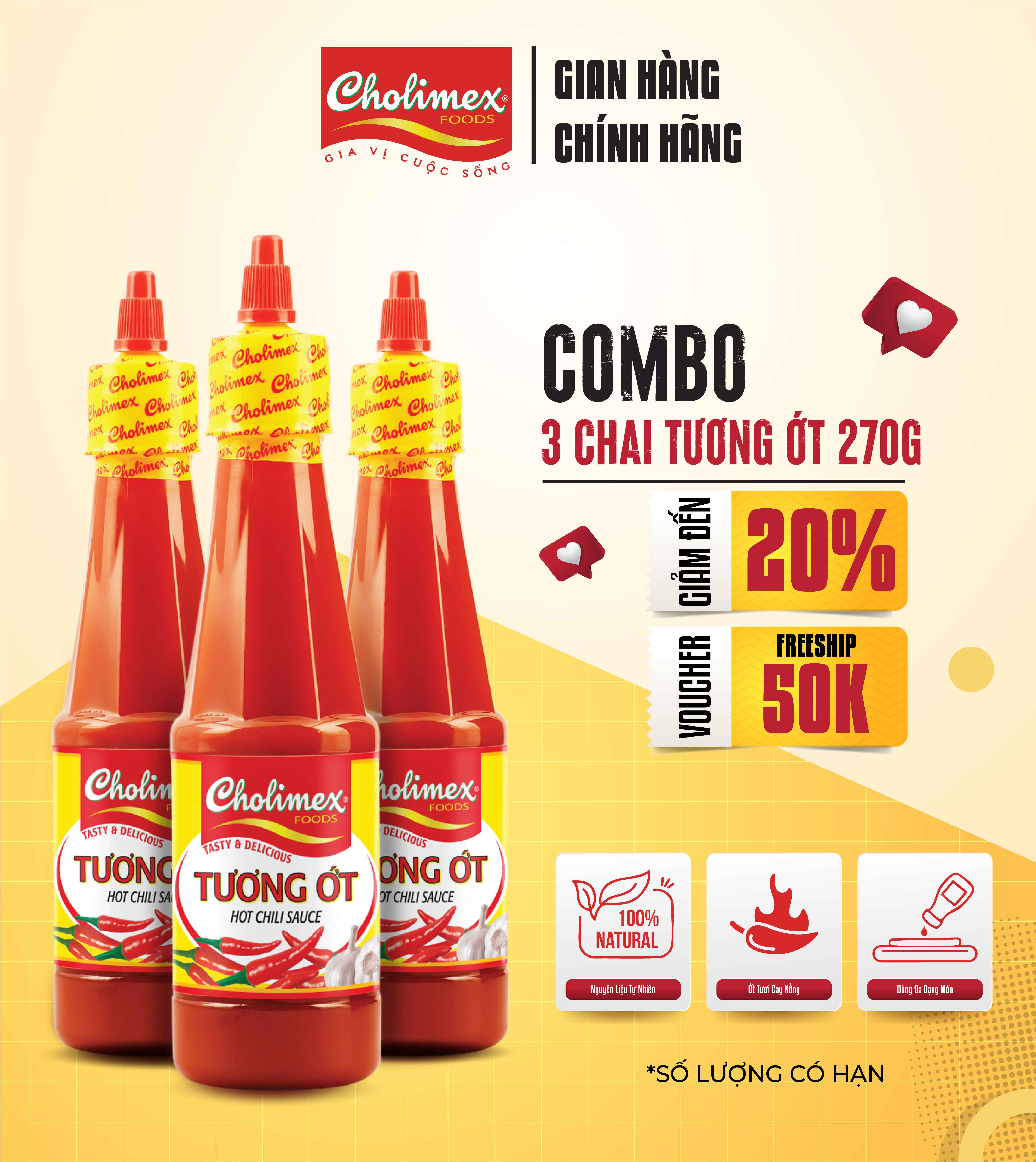 Combo 3 Chai Tương Ớt Cholimex 270g – Nước chấm cay ngon, tiện lợi, chính hãng