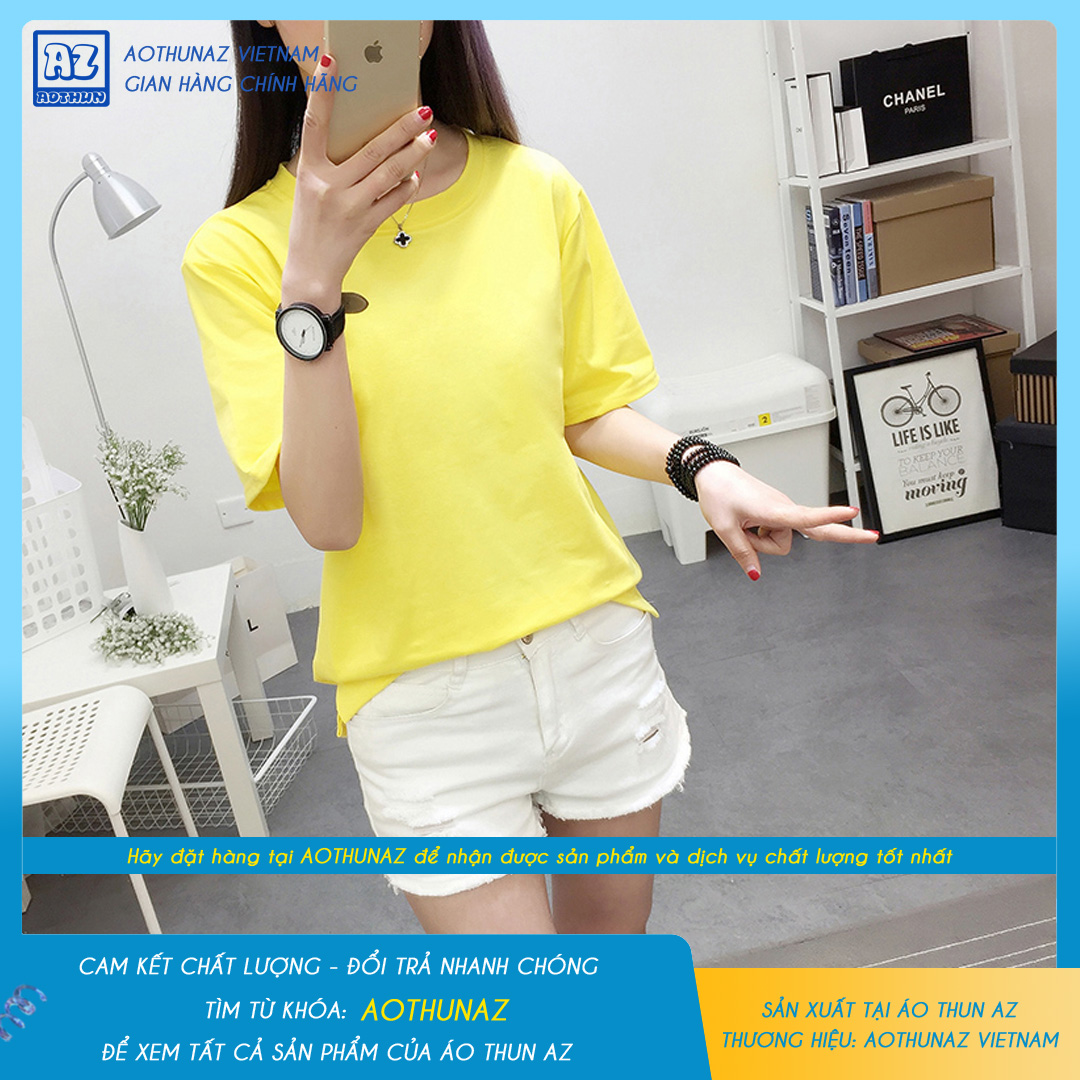 AOTHUNAZ - Áo thun trơn nữ màu vàng mơ tay ngắn cổ tròn - Vải cotton thoáng mát