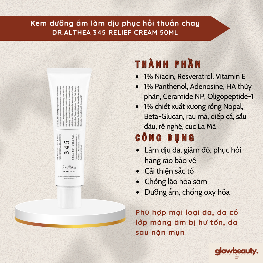 [Hàng có sẵn] Kem dưỡng ẩm làm dịu phục hồi thuần chay Dr.Althea 345 Relief Cream 50ml [Glow Beauty]