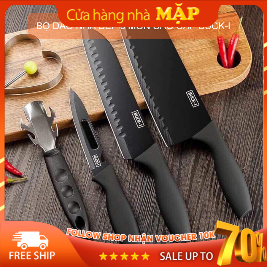 Bộ dao 5 món làm bếp đa năng thép hợp kim không gỉ cao cấp - màu đen