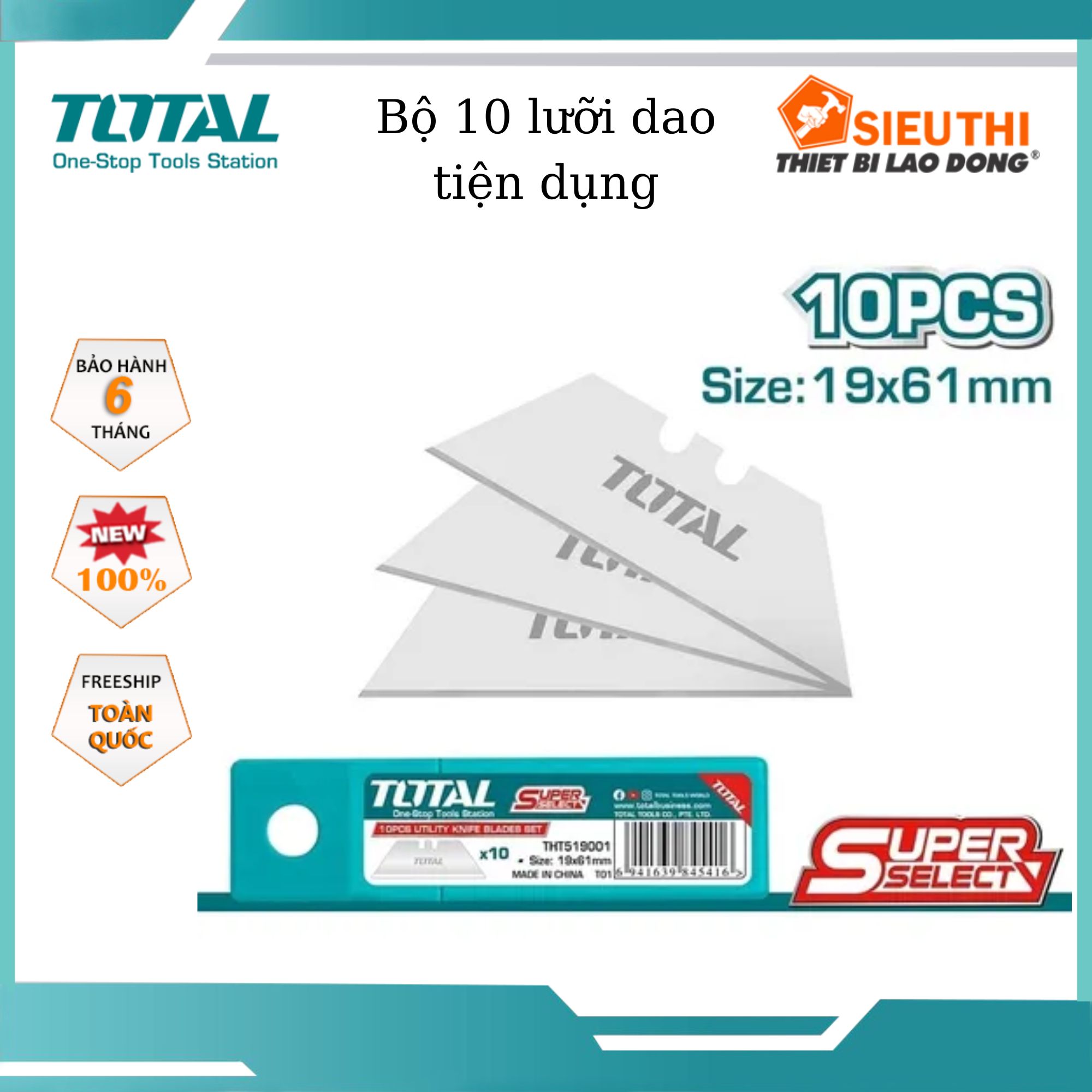 Hộp 10 lưỡi dao rọc xếp (mẫu mới) TOTAL THT519001