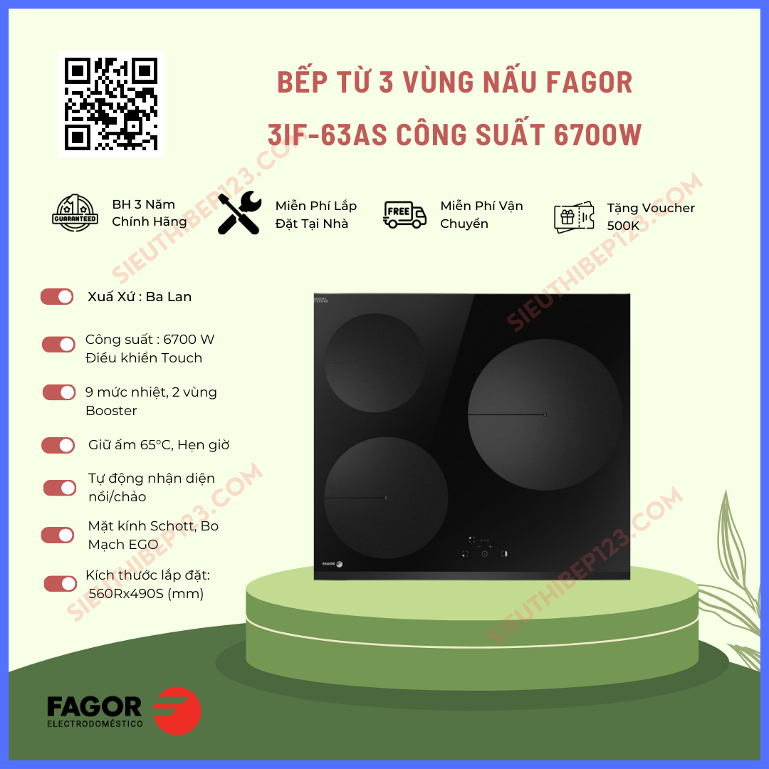 Bếp từ FAGOR 3 vùng nấu 3IF-63AS, nhập khẩu ba lan, bảo hành 3 năm tại nhà