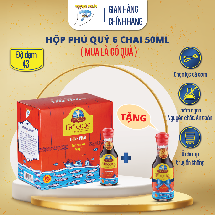 Nước mắm truyền thống Phú Quốc Thịnh Phát - Hộp Phú Quý 50ml x 6 chai thuỷ tinh 43 độ đạm