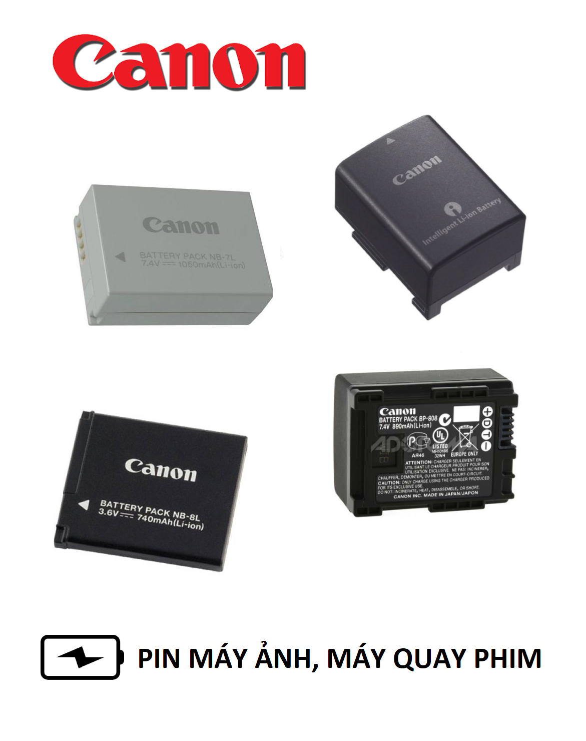 Pin & sac dùng cho máy ảnh canon : lp-e8, lp-e6, lp-e5, nb-9l, nb-8l, nb-7l, nb-6lh, nb-4l, nb-3l, nb-2l/2lh, nb-1lh, bp-511a