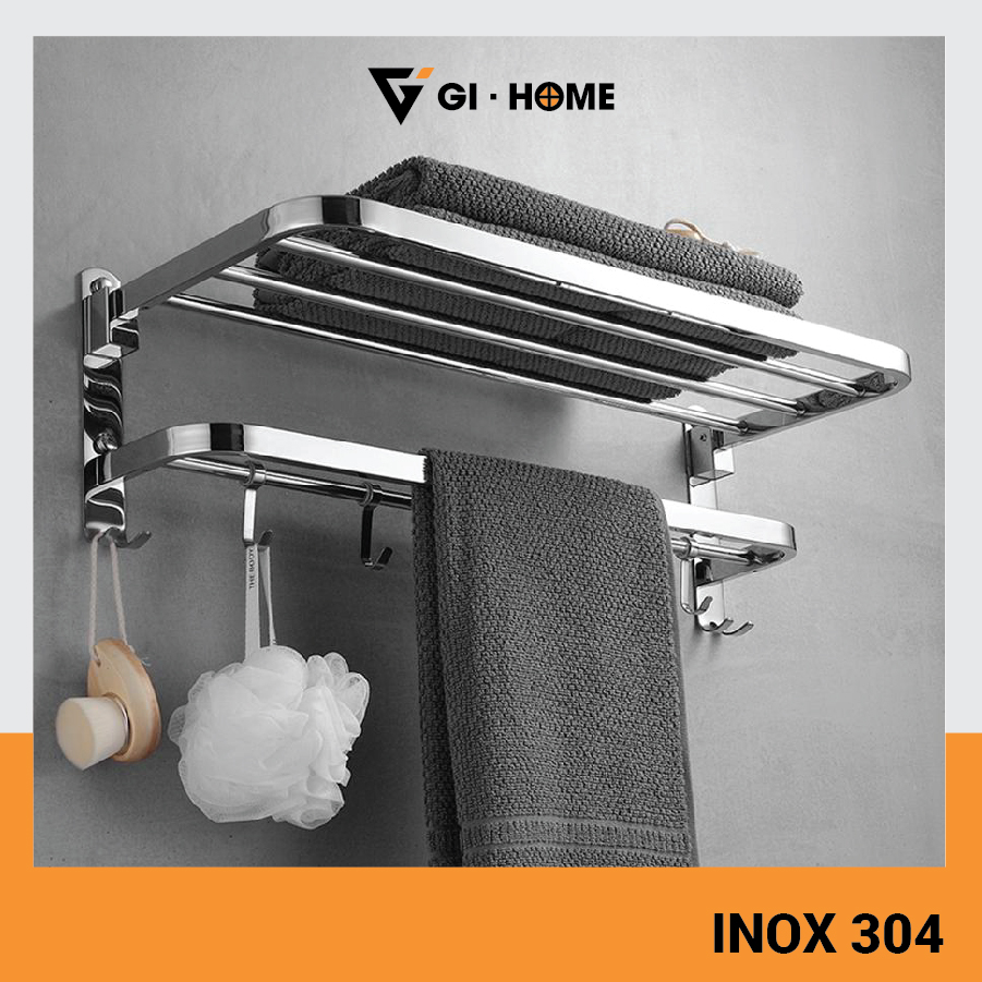 Giá treo khăn nhà tắm khoan tường và dán tường gihome inox 304 có móc treo quần áo tiện dụng