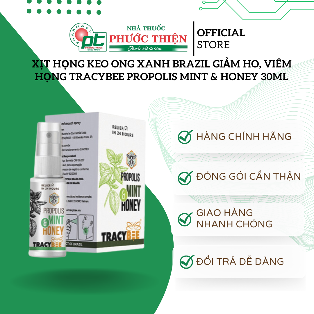Xịt họng keo ong xanh Brazil giảm ho, viêm họng Tracybee Propolis Mint & Honey 30ml