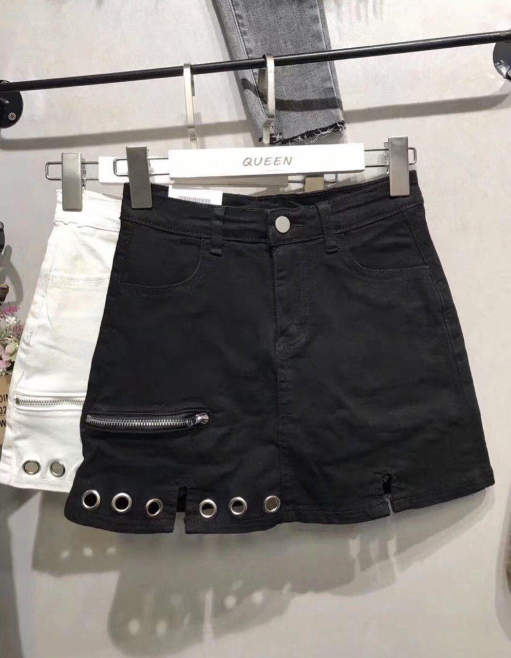 Chân váy kaki ngắn phối dây kéo viền lỗ cá tính sexy Ulzzang, đủ size S M L 12C12-1 ( TRẮNG+ĐEN )