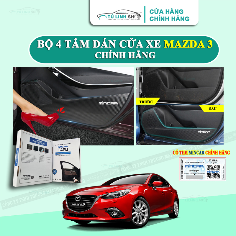 Bộ 4 Tấm dán Tapli xe MAZDA 3 chính hãng MINCAR, chống xước tapi cửa ô tô bằng Carbon Air Fiber cao cấp