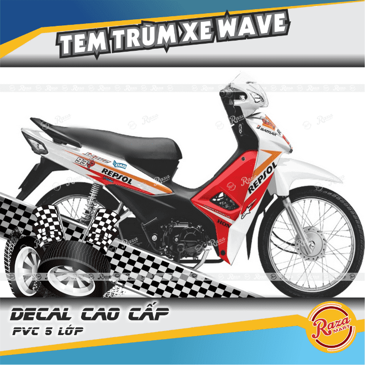 Tem trùm WAVE ALPHA 2017 mẫu repsol trắng cam đỏ | Decal PVC 5 lớp cao cấp | Mã tem: WAV 463