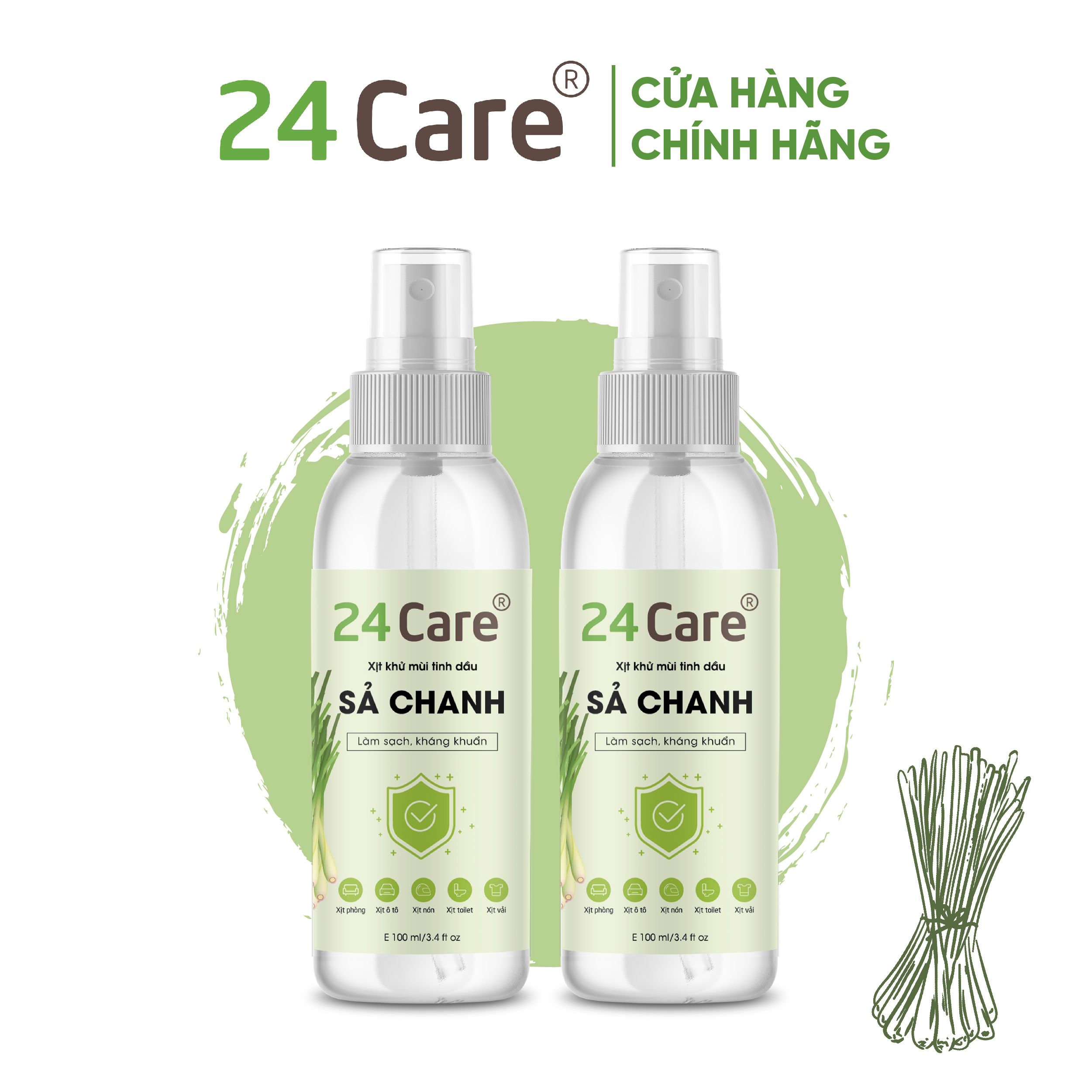[TÙY CHỌN MÙI] Combo 2 chai Xịt phòng 100ml tinh dầu Sả chanh 24CARE và tinh dầu Oải Hương 100ml - Kháng khuẩn - Khử mùi hôi - Đuổi muỗi, kiến ba khoan, côn trùng - Tinh dầu quế/ bạc hà/ sả chanh/ oải hương/ ngọc lan tây/đuổi muỗi