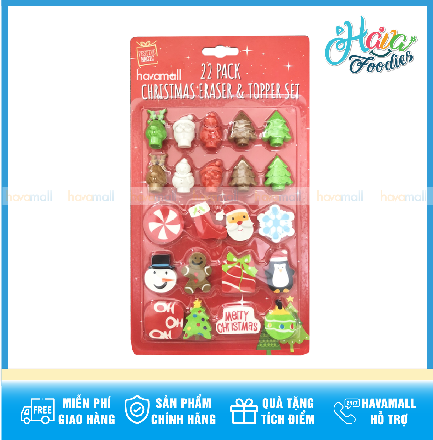 Bộ gôm kèm đầu bút chì 12 cái hình giáng sinh uncle bills – christmas eraser & topper pencils set 12 pcs