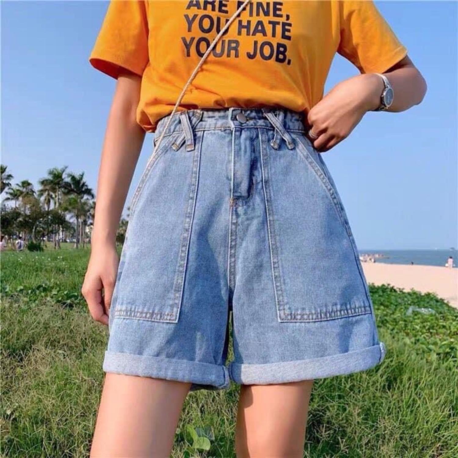 Quần short jean đai chéo,quần kaki đùi lững ngố đai chéo bigsize