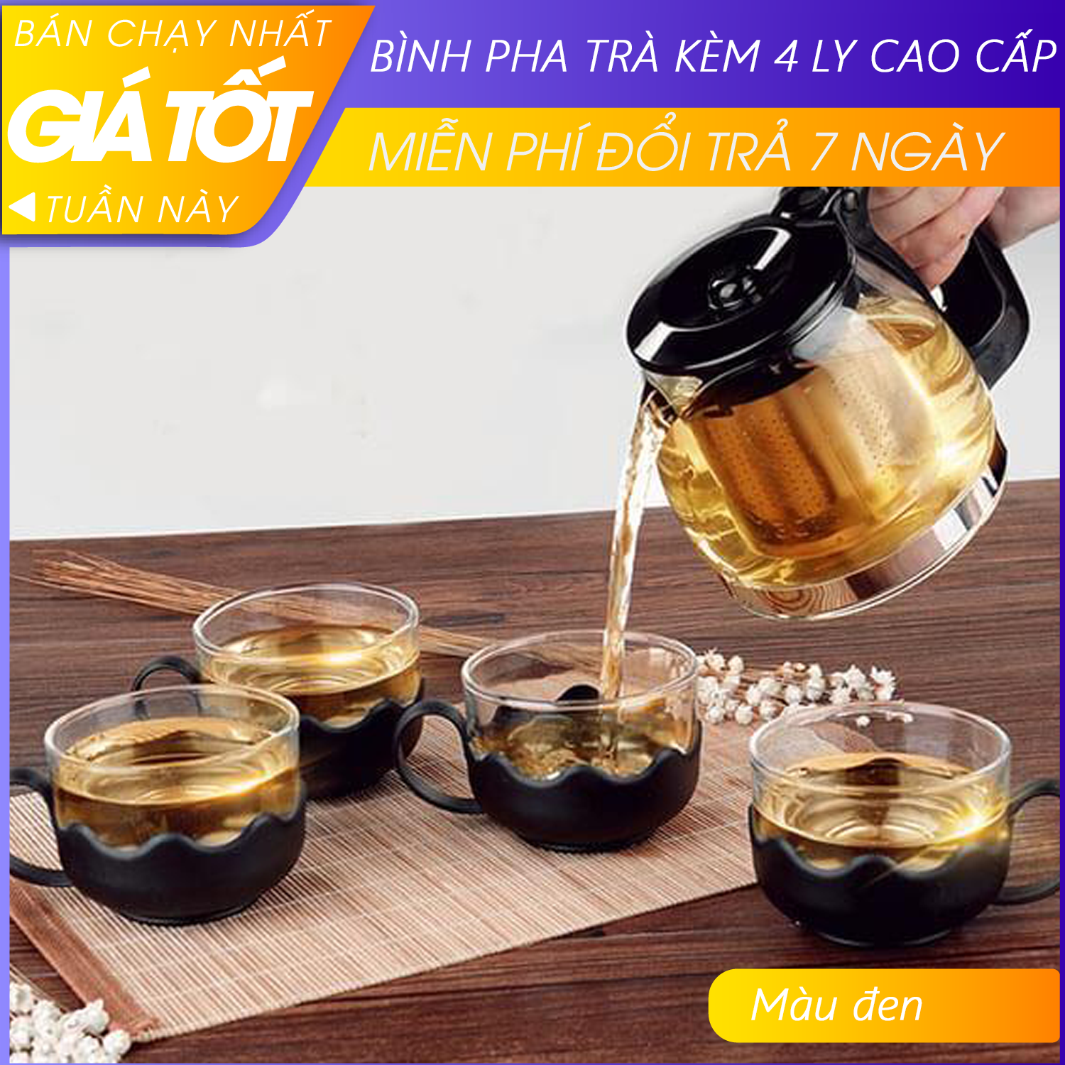 Bình pha trà, Bình Lọc trà- Kèm 4 ly - Bộ Bình Lọc Trà Nhựa Thủy Tinh Kháng Lực Kèm 4 Ly Lưới Lọc Inox 304 Tiện Dụng - Các Loại Bình Đựng nước - Ấm Trà, Đồ Dùng Gia Đình