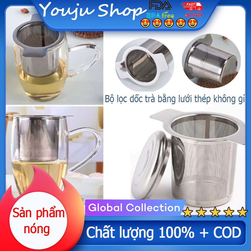 Dụng cụ pha trà lưới thép không gỉ dụng cụ lọc cốc kim loại dụng cụ lọc lá rời kèm nắp