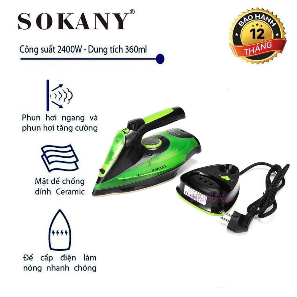 Bàn là hơi nước cầm tay Sokany 2400W.Loại không dây dùng trong gia đình bàn là nhanh phẳng các loại vải len,cotton,voan,....Bảo hành 12 tháng