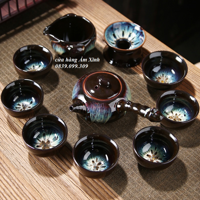 Bộ ấm chén pha trà đạo men thiên mục Lông thỏ hỏa Biến (kèm vali quà tặng)