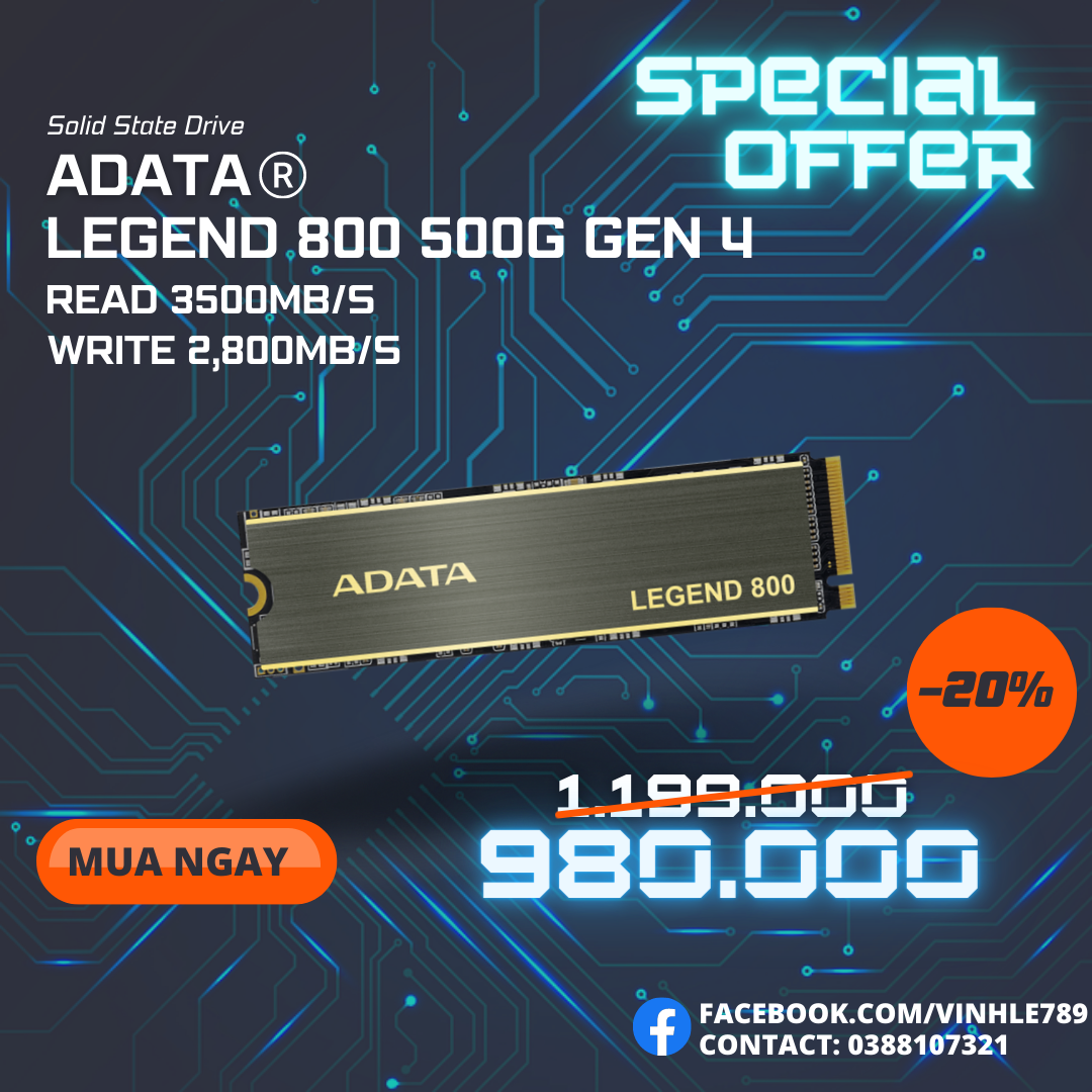 Ổ cứng SSD ADATA LEGNED 800 500GB Gen4 x4 M.2 2280 Đoc 3500MB s, Ghi