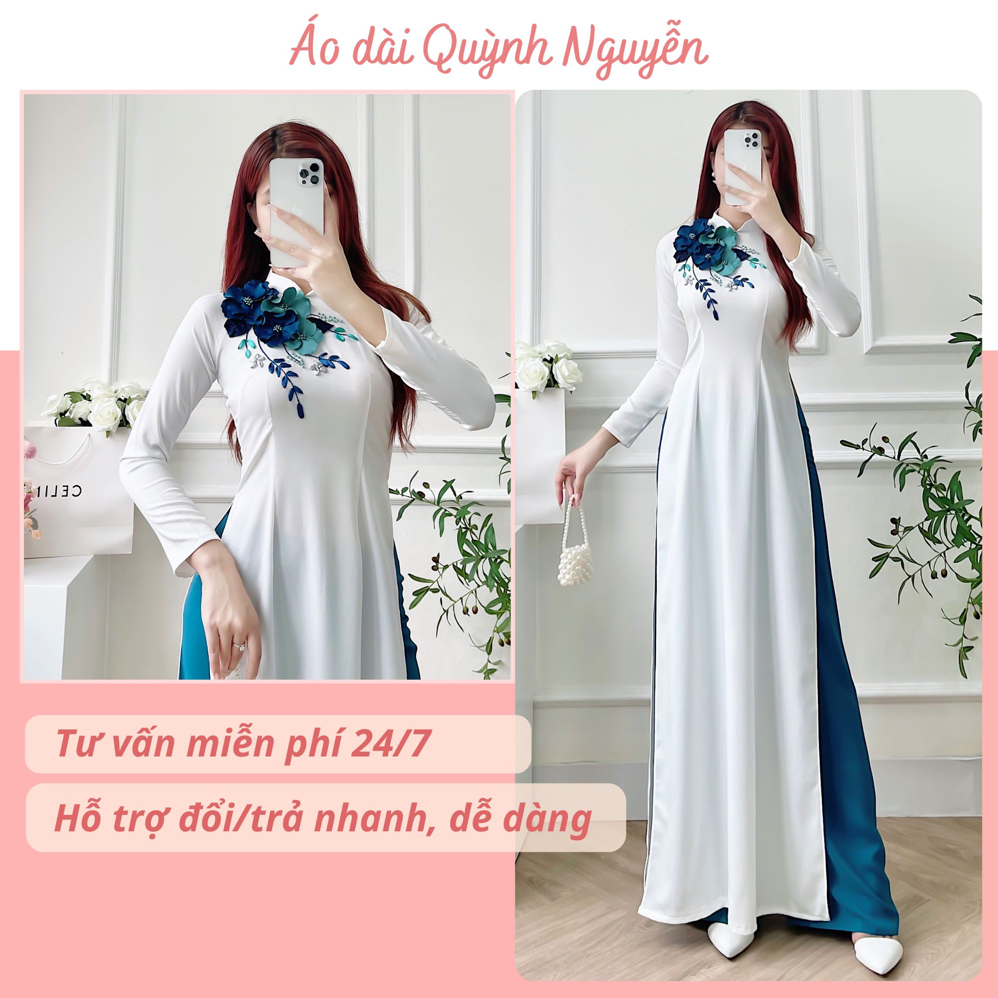 Áo dài, áo dài cách tân lụa tây thi hoa đính nổi MÃ TK24