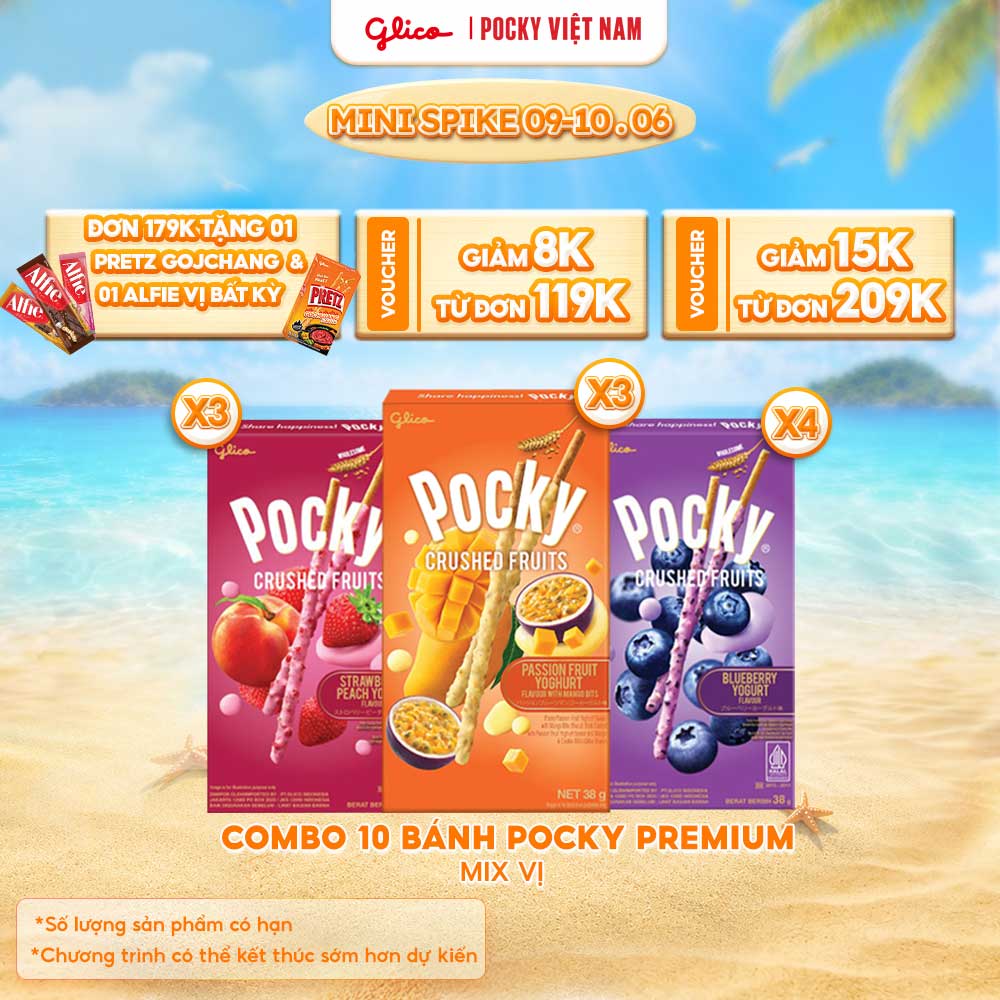 Combo 10 Hộp Bánh Que Pocky Premium Trái Cây Nghiền Sữa Chua Mix Vị (4 Việt Quất - 3 Dâu Đào - 3 Chanh Dây Xoài) 38g/Hộp
