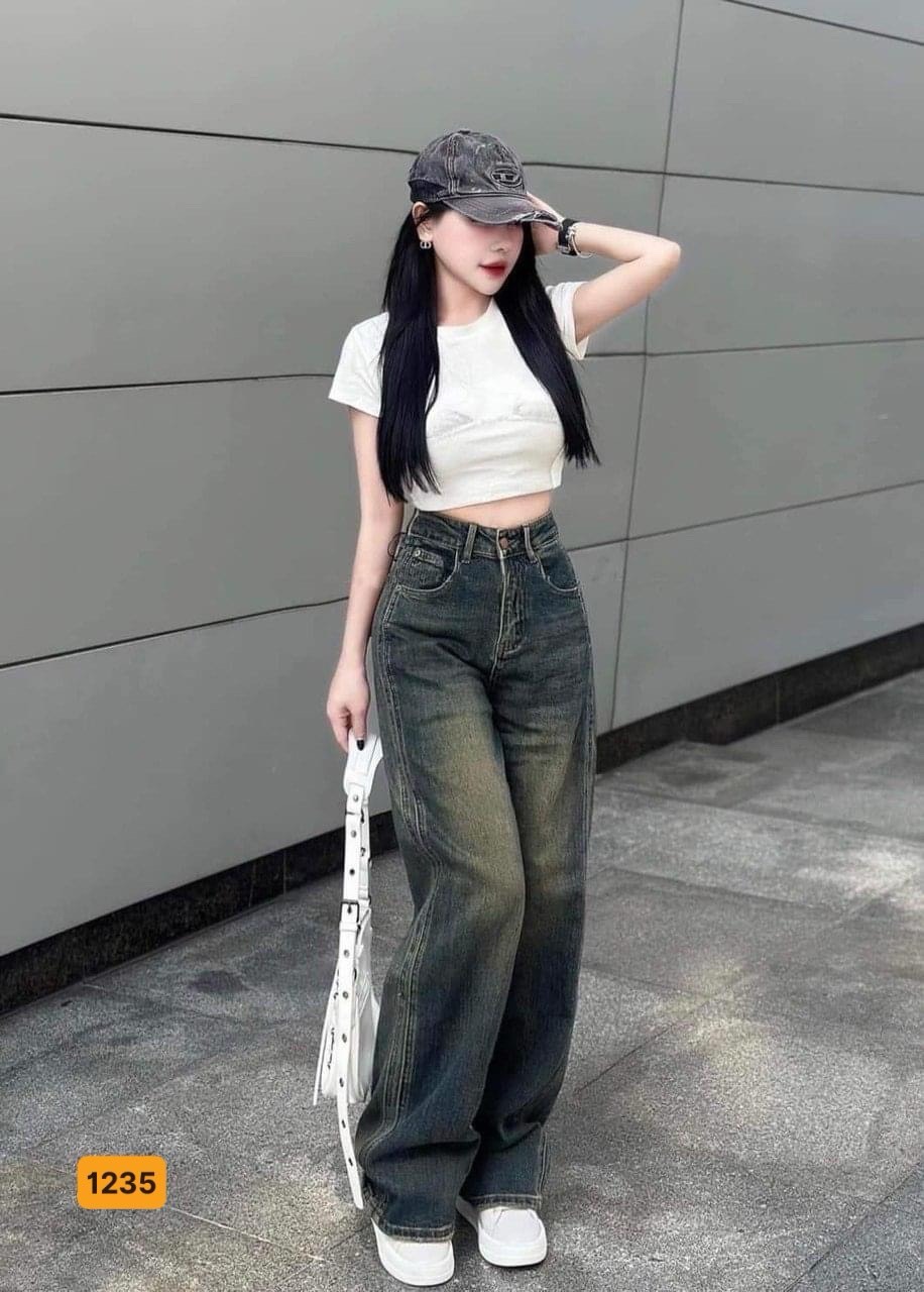 Quần beggy Jean Nữ trơn màu xanh rêu lưng cao ống rộng - Quần jean beggy jean nữ màu xanh Chất Vải denim cao cấp Khói Store92 ms1235