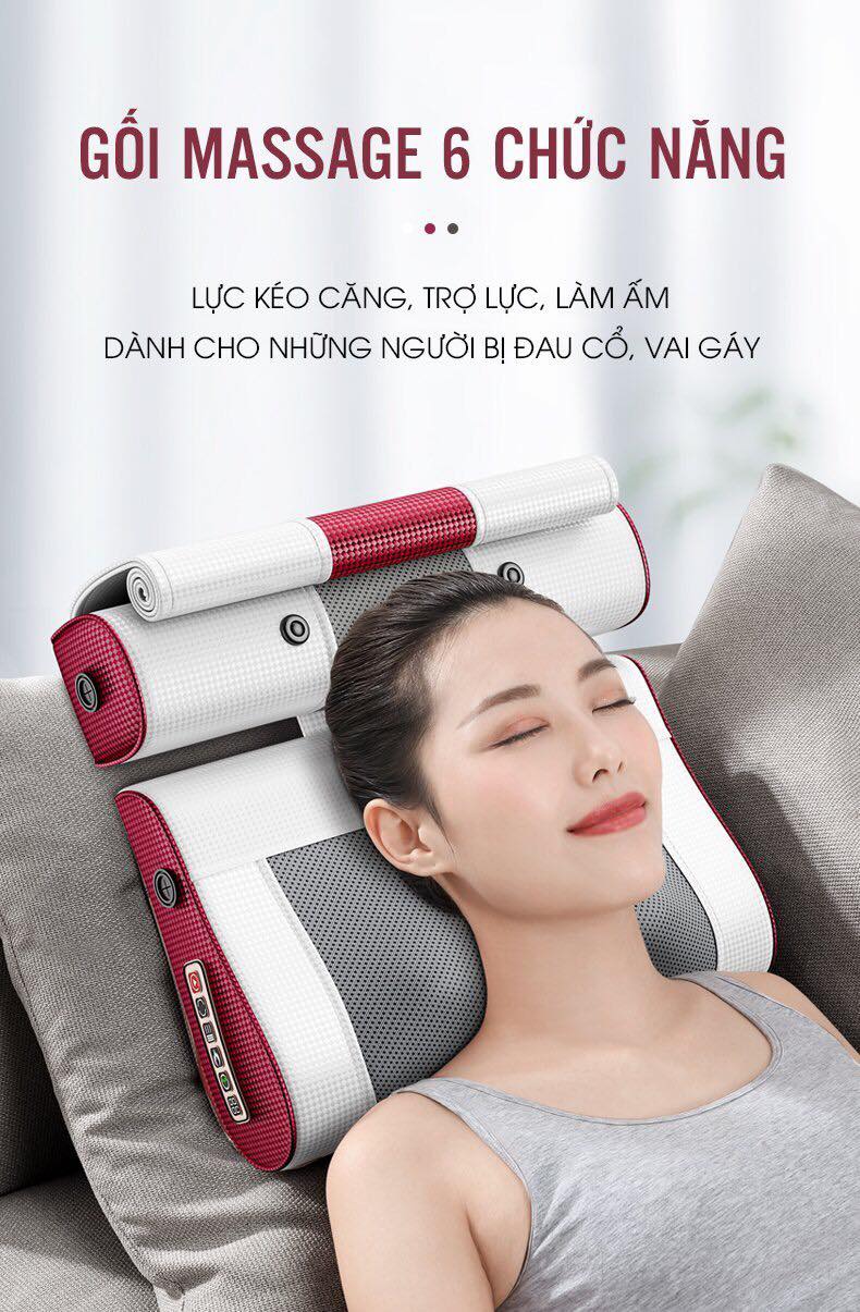 Gối massage hồng ngoại cao cấp Okato 6 chức năng có chế độ xông hơi nóng chườm giúp thư giãn, lưu thông huyệt đạo, giảm căng thẳng mệt mỏi cho người lớn,
