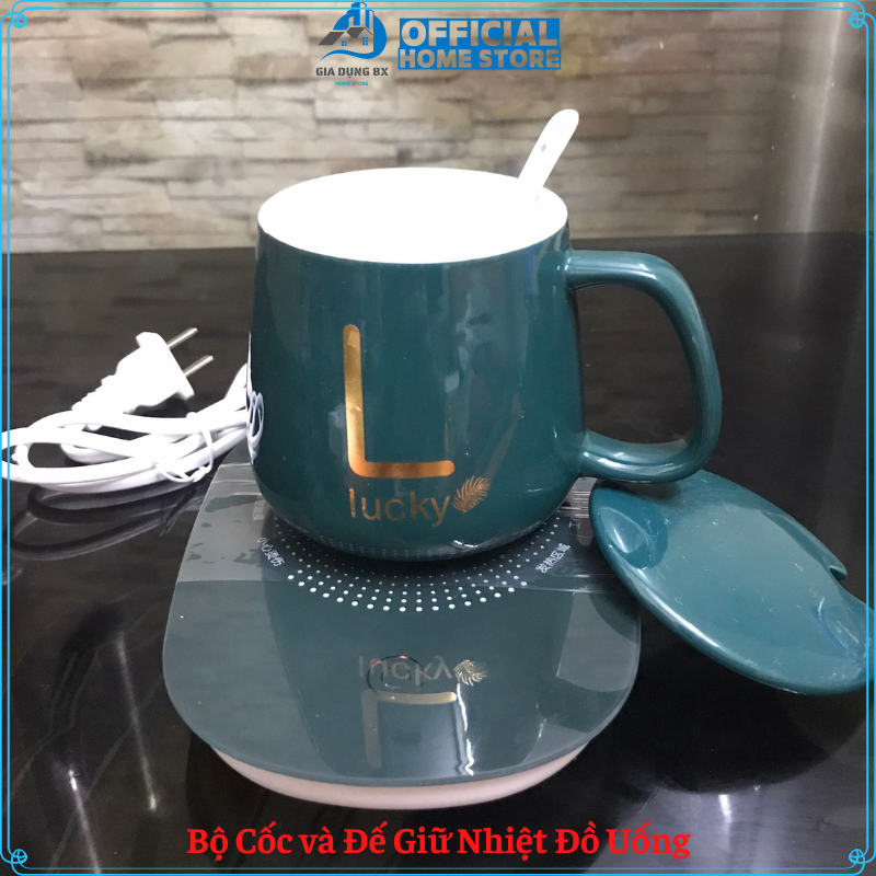 Bộ cốc và đế hâm nóng đồ uống - máy và cốc - có kèm thìa - giữ ấm sữa, trà, cafe và các đồ uống khác