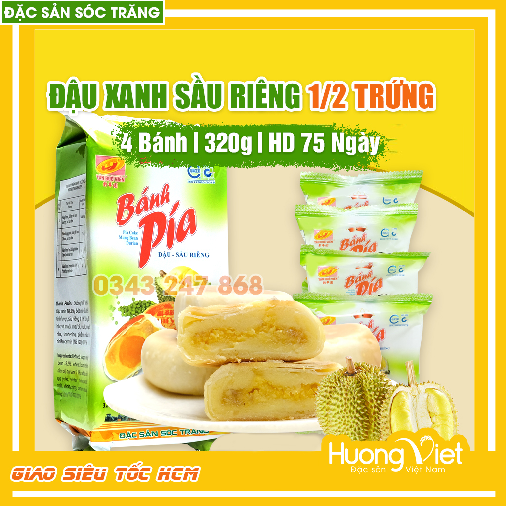 Bánh pía đậu xanh sầu riêng Tân Huê Viên 320g bánh pía Sóc Trăng chính hãng bánh pía trứng muối [Túi gồm 4 bánh]